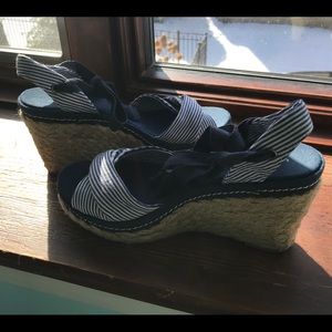 Navy Gingham and striped wedge heels